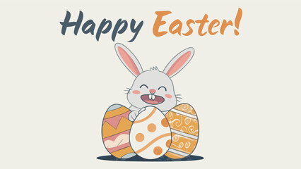 Obraz premium Cute Easter bunny with decorated eggs and Happy Easter text