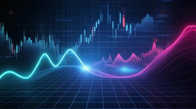 Neon Blue and Pink Abstract Financial Data Graph with Wavy Lines and Grid finance stock market