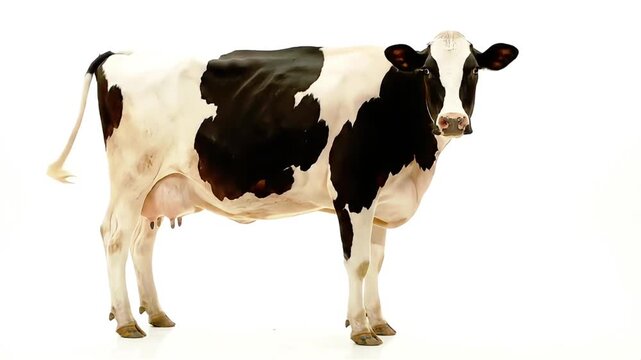 Full Length Black and White Holstein Dairy Cow Standing Isolated on White Background, Looking at Camera and Moving Tail