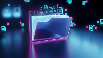 Digital folder with glowing outline storing multiple document icons, representing electronic data management and secure cloud storage for information technology