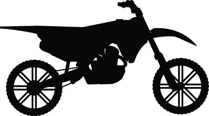 Dynamic black silhouette vector illustration of a modern off-road motocross dirt bike, perfect for extreme sports, racing, adventure, and motorcycling design projects. Isolated on white, representing  © Michael