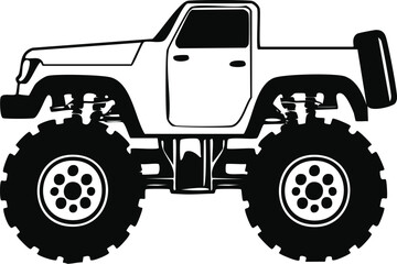 Black and White Vector Illustration of a Classic Monster Truck Side View with Huge Tires and Lifted Suspension, Perfect for Off-Road Adventure and Extreme Sports Graphics. © Michael