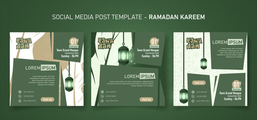 Ramadan kareem. Social media post template in green background and lighting lantern design
