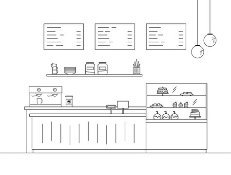 Interior of coffee shop, cafe, restaurant  in line art style. Vector illustration