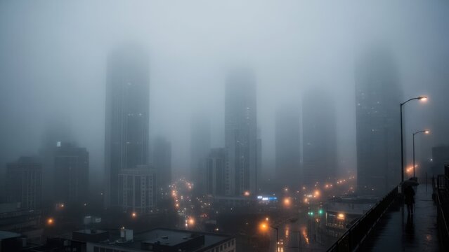 Foggy urban city skyline at night with illuminated buildings. Wet bridge with a person holding an umbrella. Atmospheric street scene with traffic lights - Powered by Adobe