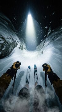 First-person view of skis descending a dark, narrow snow gully. The dramatic bright light at the end creates a thrilling, adventurous mood. Ideal for extreme sports, winter travel.