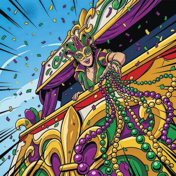  A woman in a mask joyfully throws beads from a colorful float during a festive Mardi Gras parade in a vibrant, comic book art style.. Vector illustration