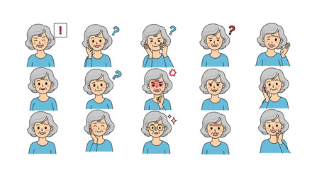 Obraz premium Large set of various facial expressions and emotions for a senior woman in a blue top for social communication.