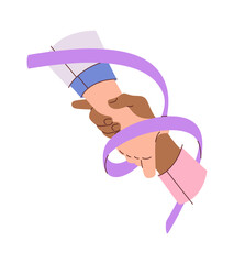 Human hands wrapped cancer ribbon