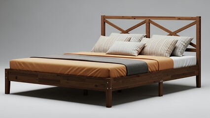 Wooden Bed Frame with Pillows and Blanket.