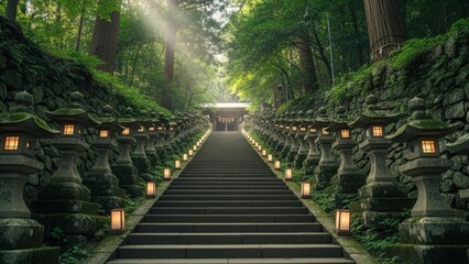Japanese shrine staircase with illuminated stone lanterns. Forest path leading to a traditional spiritual site in Japan. Sunlight filtering through trees