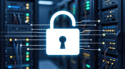 Open padlock with digital lines and blurred server racks in background