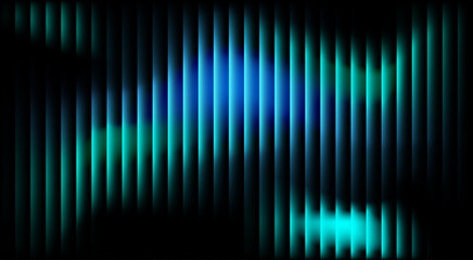 Abstract futuristic neon background, glowing vertical light lines, dynamic gradient waves in blue, green, and cyan, dark black background, vibrant teal and blue gradient stripes
