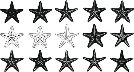 Obraz premium Large Collection of Starfish Silhouettes and Line Art Featuring Various Patterns and Textures for Marine Life Design, Beach Decor, Coastal Projects, and Vector Illustration