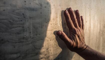 Elderly hand pressing firmly against textured concrete wall with dramatic lighting evokes feeling of despair or seeking help while distinct shadow adds sense of mystery and depth to surface