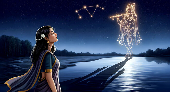 Dreamy Night Scene: Woman In Saree Gazing At Celestial Goddess Playing Flute Over River