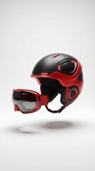 Fototapeta premium A sleek black and red ski helmet with matching goggles, presented on a clean white background, highlighting modern design. Ideal for winter sports, safety gear, or athletic equipment promotions.