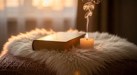 Cozy Reading Nook with Book and Candle.