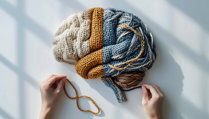 Creative knitted brain artwork with organized beige left hemisphere and tangled messy blue right hemisphere symbolizing mental health struggle chaos confusion clarity logical versus creative mind