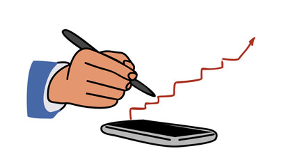 Digital illustration of a hand in a blue sleeve drawing a red upward-trending graph on a black smartphone screen with a stylus, minimalist style.