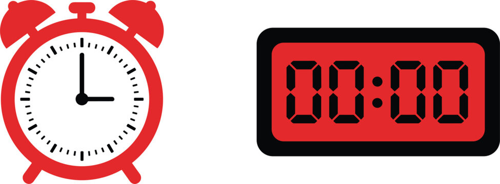 Professional icon set featuring a red analog twin bell alarm clock and a digital timer displaying midnight zeros.