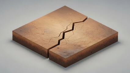 Isometric view of a cracked earth block symbolizing a geological fault line. Dry ground fractured in two representing an earthquake, drought, or division concept
