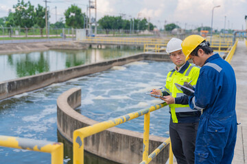 Environmental engineers work at wastewater treatment plants,Water supply engineering working at Water recycling plant for reuse,Technicians and engineers discuss work together.