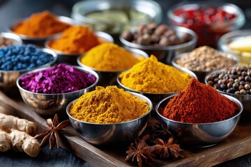 Colorful spices and herbs in bowls on wooden tray