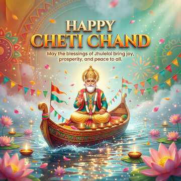 Happy Cheti Chand Festival Celebration with Lord Jhulelal in Traditional Boat on Water with Flowers and Diya Lights Festive Background