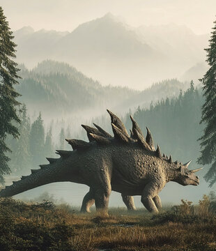 Kentrosaurus walking through lush forests and mountains in a prehistoric landscape