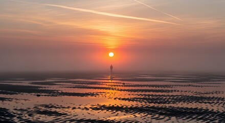 Serene Beach Sunset with Rippled Sand.