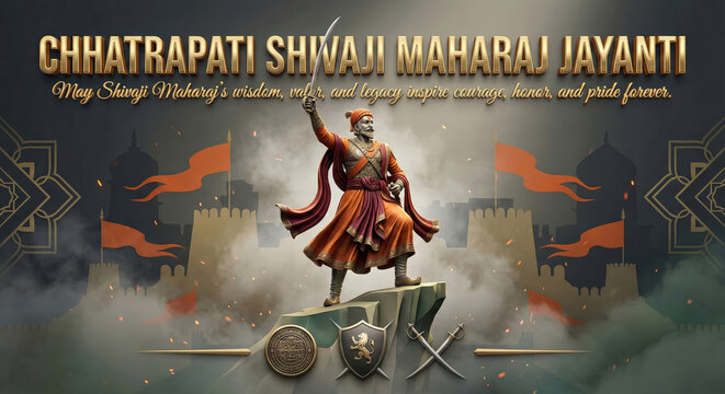 Chhatrapati Shivaji Maharaj Statue Victory Celebration with Maratha Warrior Theme and Festive Floral Decor for Shivaji Jayanti Festival