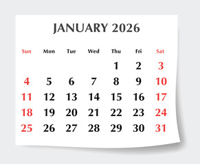 January 2026 English calendar planner. Monthly vector page Sunday start
