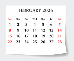 February 2026 English calendar planner. Monthly vector page Sunday start