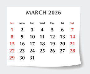 March 2026 English calendar planner. Monthly vector page Sunday start