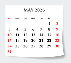 May 2026 English calendar planner. Monthly vector page Sunday start