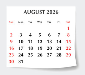 August 2026 English calendar planner. Monthly vector page Sunday start