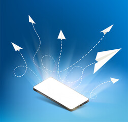 Paper airplanes fly out of a smartphone screen. Vector illustration.