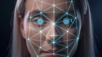Close-up of a woman's face with a digital grid overlay, representing facial recognition technology and biometric scanning. - Powered by Adobe