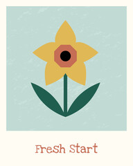 Spring greeting card with daffodil flower. Pastel minimalist illustration for seasonal design and spring decor.