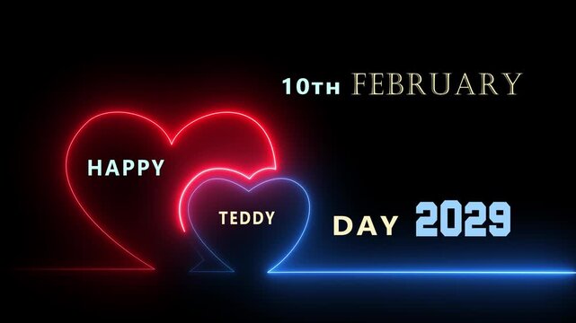 10th February Happy Teddy Day 2029 romantic neon heart glow animation with modern Valentine celebration background design.