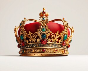 An antique golden royal crown object with vintage metal ornaments isolated on a white background for a kingly celebration gift or holiday design symbol