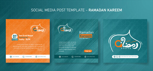 Ramadan kareem. social media post template in green yellow square design with abstract background