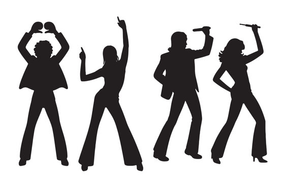 silhouettes of four people dancing and singing s style