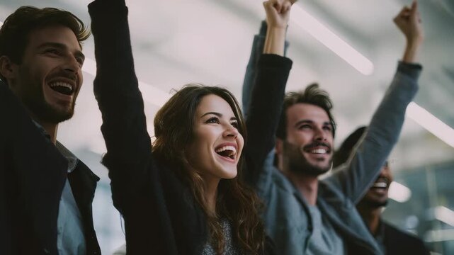 Four friends express elation and unity, their smiles and gestures capturing a sense of achievement and positive energy. The dynamic lighting enhances the vibrant, uplifting atmosphere