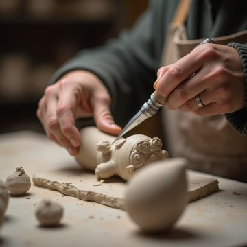 Close up view of hands shaping clay during pottery making process in ceramic workshop. Handmade craft, artisan work, creative hobby concept for design, advertising and education.