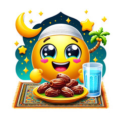 Cute emoji character holding dates and water for iftar