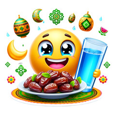 Cute emoji character holding dates and water for iftar