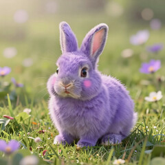 Fototapeta premium Cute, fuzzy purple bunny with pink cheeks stands in sunlit grassy meadow surrounded by scattered flowers