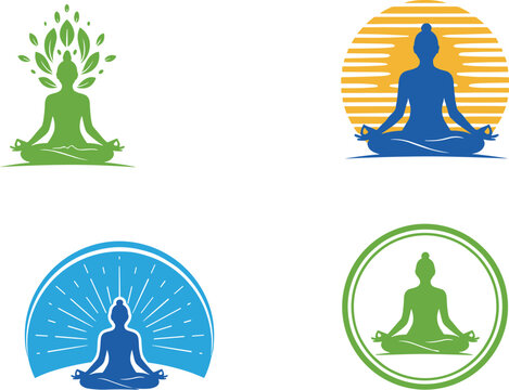 Yoga meditation logo illustration set, human silhouette in lotus pose with nature and sun elements, wellness mindfulness and spiritual balance concept, colorful flat vector design